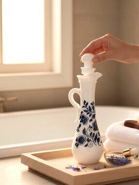 Vintage Avon Delft Blue Milk Glass Cruet Bottle With Stopper Empty Bottle